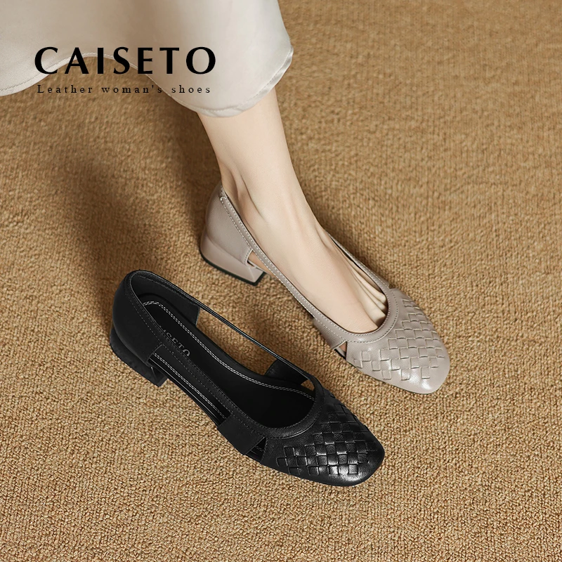 头层牛皮/3.5cm夏季新款时尚方头编织单鞋舒适真皮女鞋D360