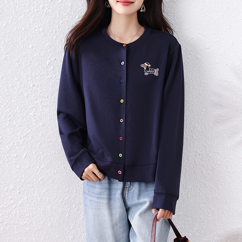 【女神新衣】休闲开衫上衣女减龄卡通小狗贴布单排彩扣长袖短外套