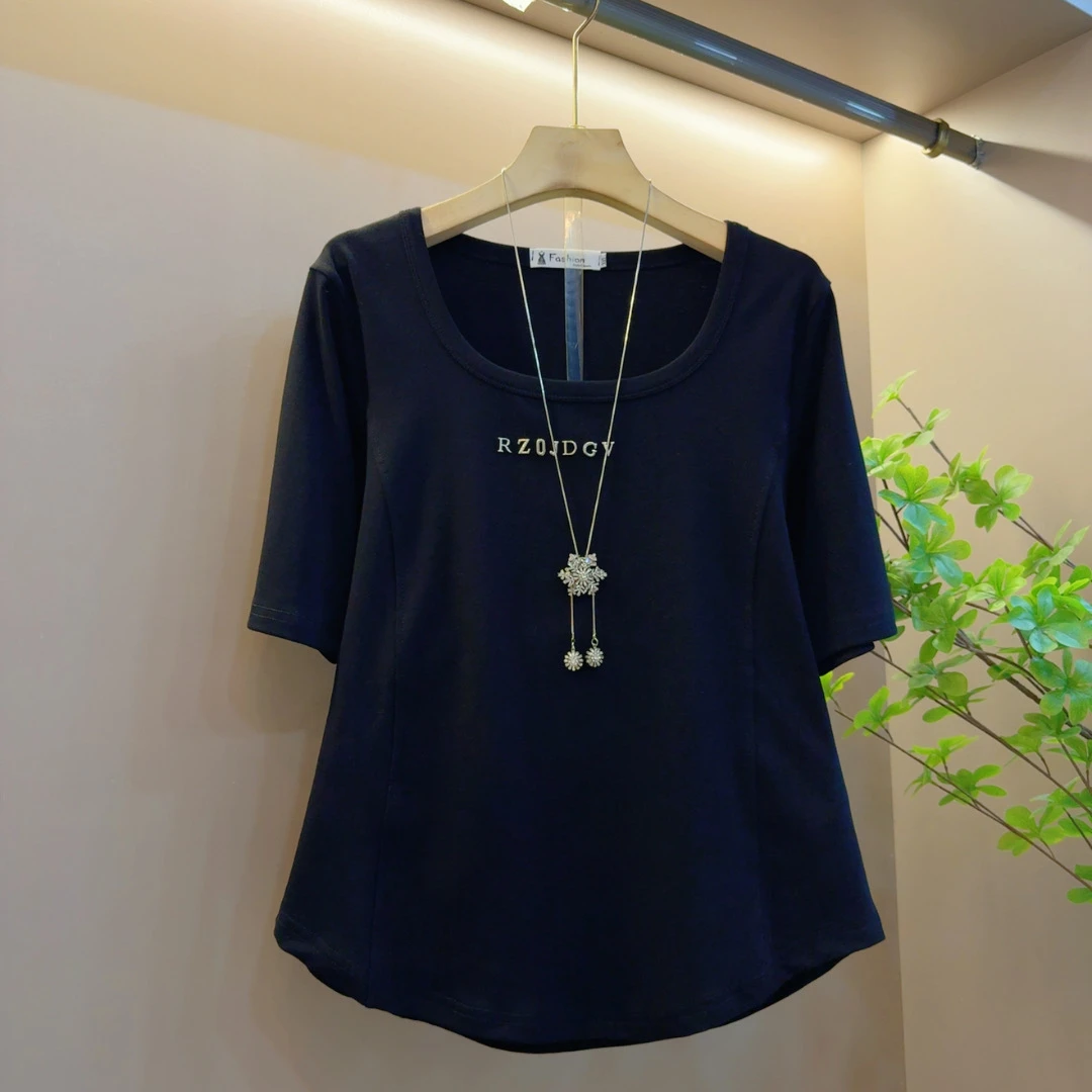 洋气百搭休闲短袖显瘦方领百搭简约上衣（长57左右）