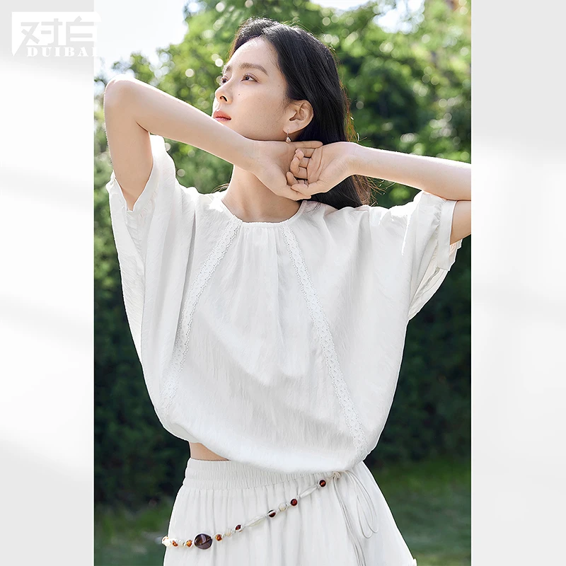 对白法式慵懒随性花边白色衬衫女2025夏新款圆领罩衫抽褶短袖上衣