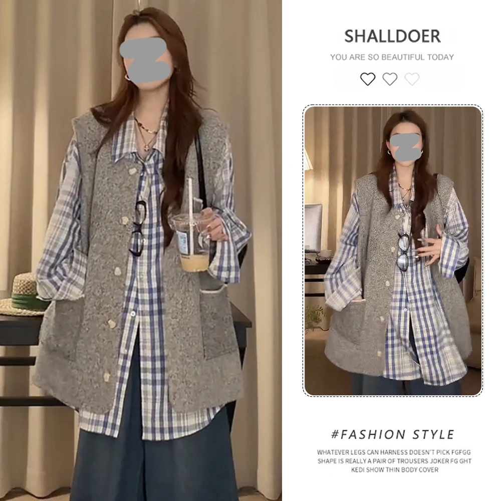 韩系复古潮流套装女2025春秋新款格子长袖衬衫叠穿马甲外套两件套