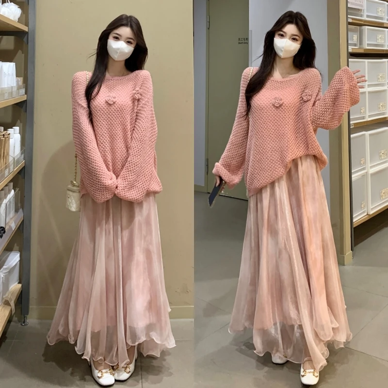 大码胖mm女装新款秋装重工手工勾花毛衣+晕染花色半身裙两件套装