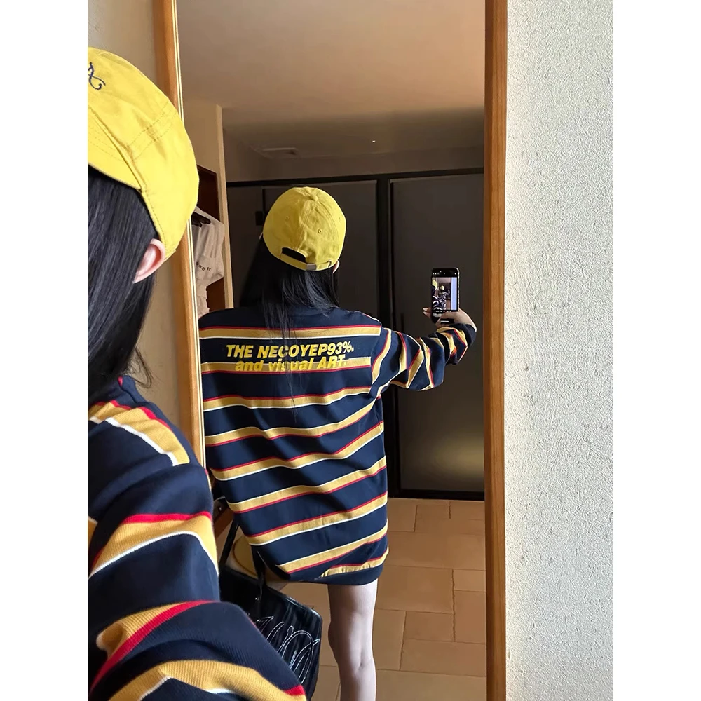 早秋美式宽松条纹字母印花图案宽松长袖POLO衫女潮 81203