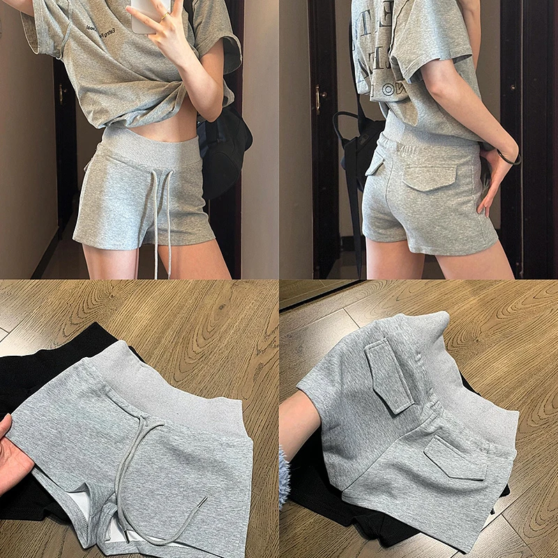 灰色抽绳休闲运动短裤女2025新款夏季弹力高腰显瘦a字热辣妹裤子