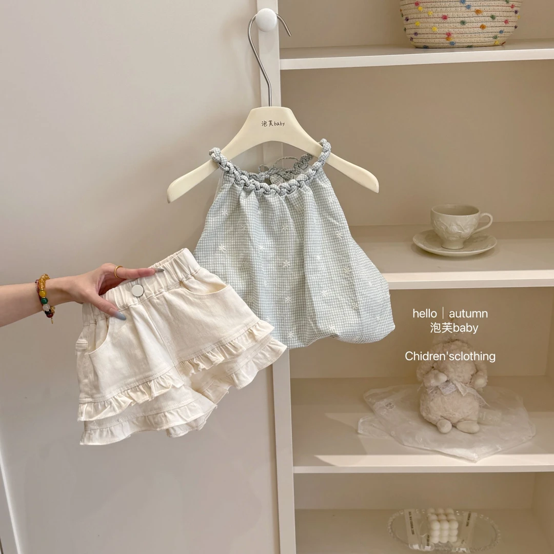 【泡芙baby】童装2025法式挂脖背心女夏气质吊带上衣双层花边短裤