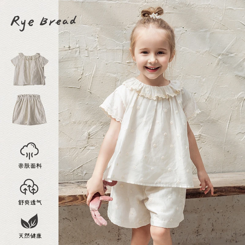 ryebread/黑面包童装 韩版女小童刺绣设计蕾丝花边小衫套装SA5夏