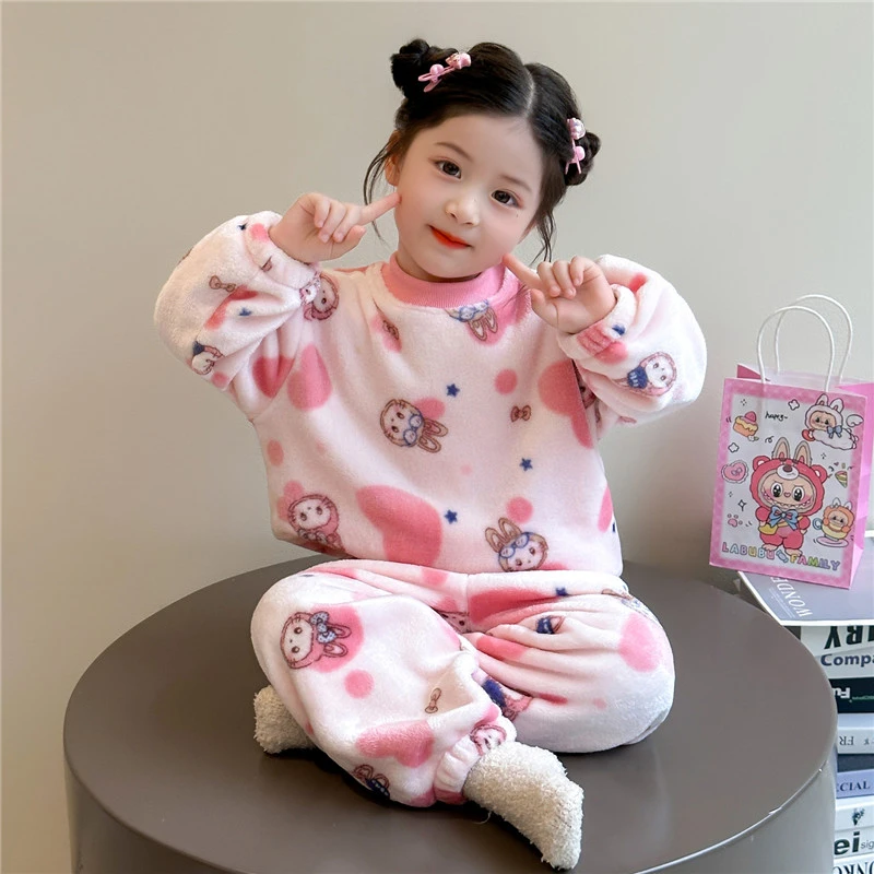 儿童睡衣秋冬款拉布布加厚珊瑚绒保暖套装女宝宝法兰绒家居服冬季
