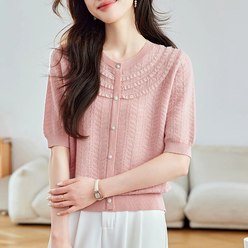 天丝针织衫设计感蕾丝上衣女士短袖t恤2025新款夏季独特漂亮减龄