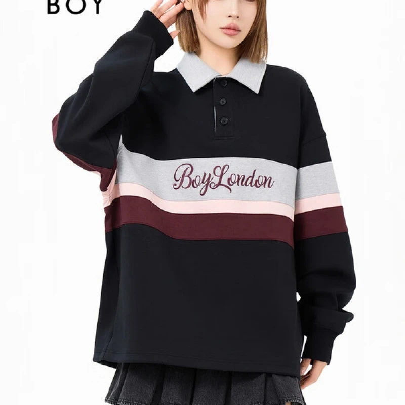 【芬多学院】BOYLONDON2025秋新款绣花POLO套头情侣卫衣撞色N03054