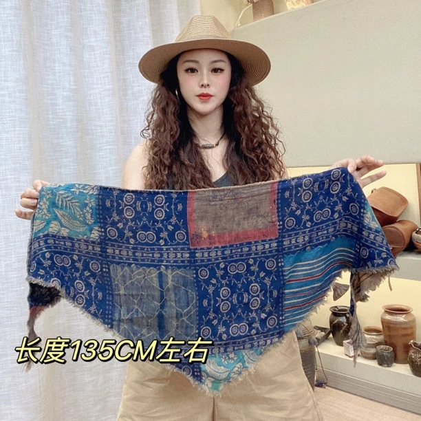 知木色复古炒色印花手工拉毛麻料百搭双面四季花色夏季围巾三角巾