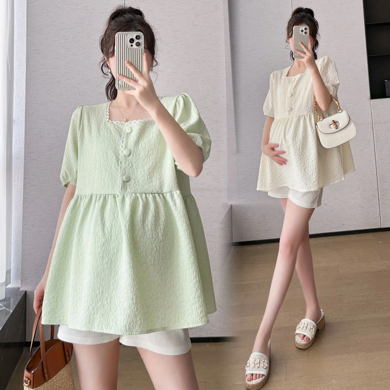 孕妇上衣夏季新款法式温柔方领小香风宽松遮肉显瘦娃娃衫短袖上衣