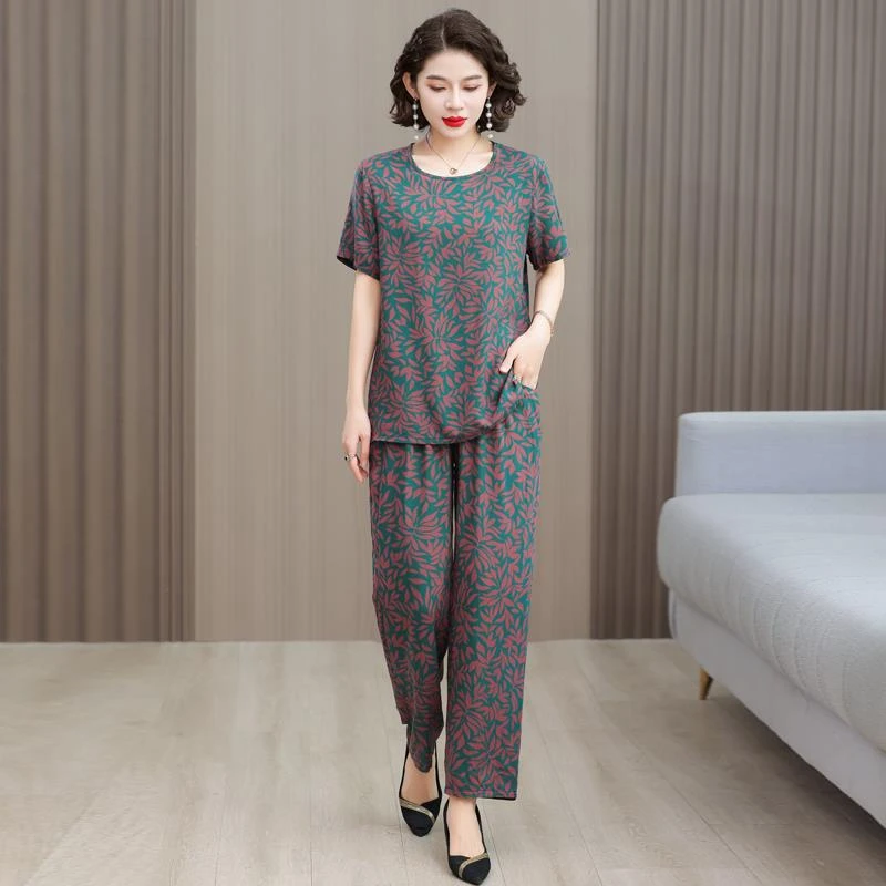 中老年人夏装女奶奶装棉绸套装60岁70妈妈短袖人造棉老太太衣服