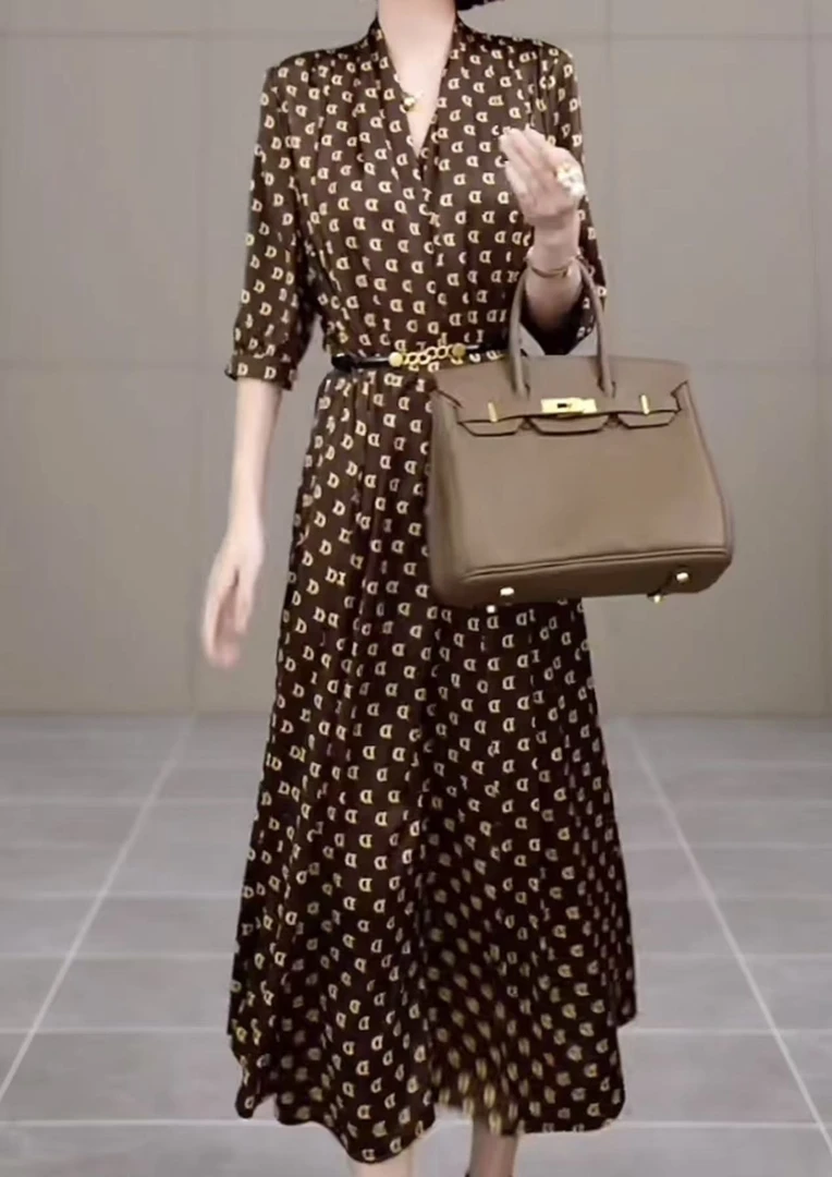 裙子不褪色洋气五分袖轻奢连衣裙V领气质碎花百搭时尚 - 3066#