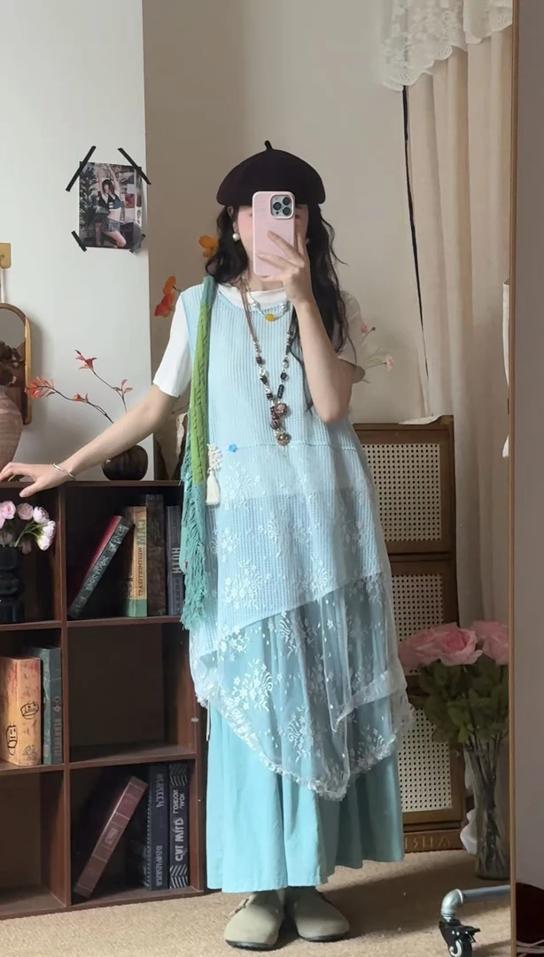 小李 | 新中式圆领拼接镂空叠穿背心裙