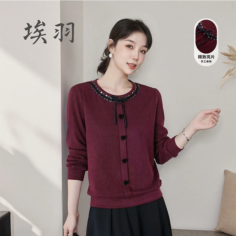 年轻妈妈装圆领亮片手工订珠小香风蝴蝶结中老年套头针织衫