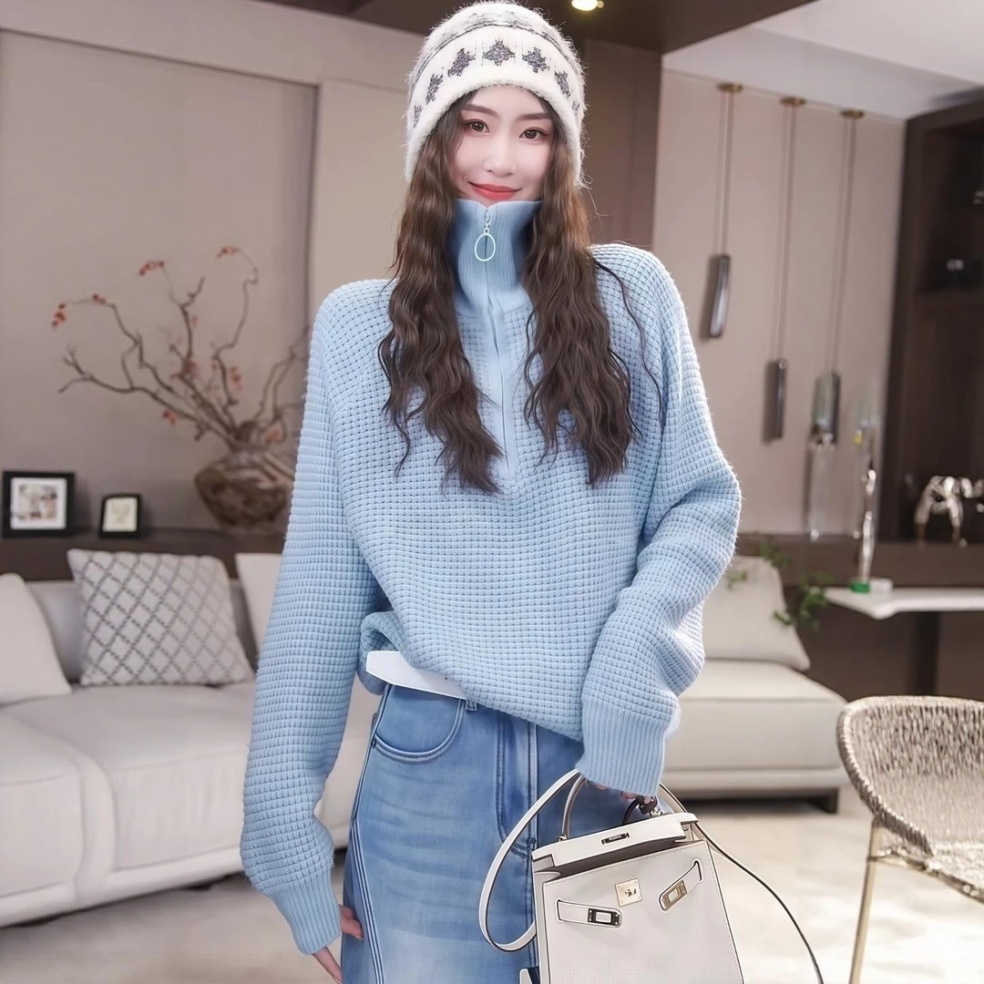 蓝色华夫格高领针织衫女秋冬季2025新款宽松显瘦百搭休闲外穿上衣