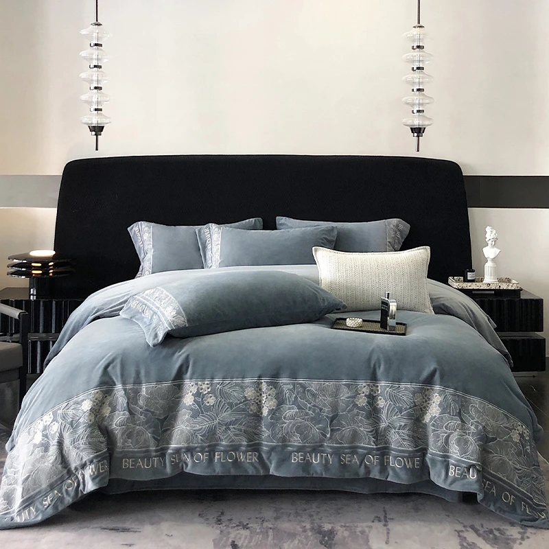 冬季加绒加厚婴儿绒牛奶绒床上四件套高端刺绣保暖被套床单床笠款