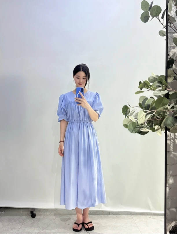 anni收腰气质简约纯色夏季新款连衣裙