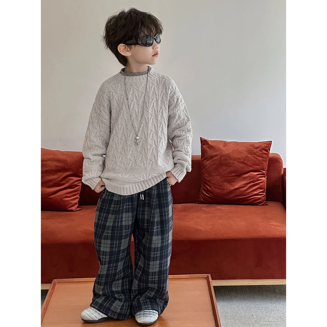 T雷西: M2025儿童春秋新款韩版宽松时尚纯色套头圆领百搭针织上衣