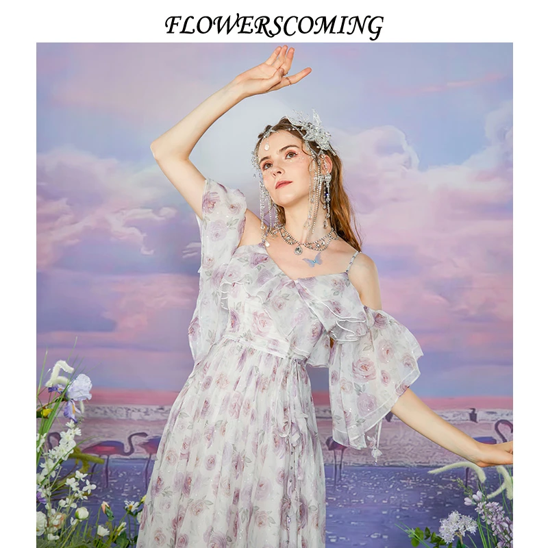 花儿开了2025夏季新款法式超仙印花连衣裙女修身高腰中长款公主裙