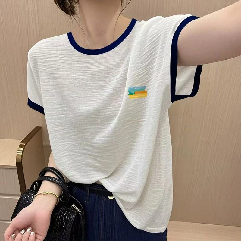 新款竹节纯棉女士t恤短袖2025夏季正肩洋气减龄上衣宽松韩版小衫