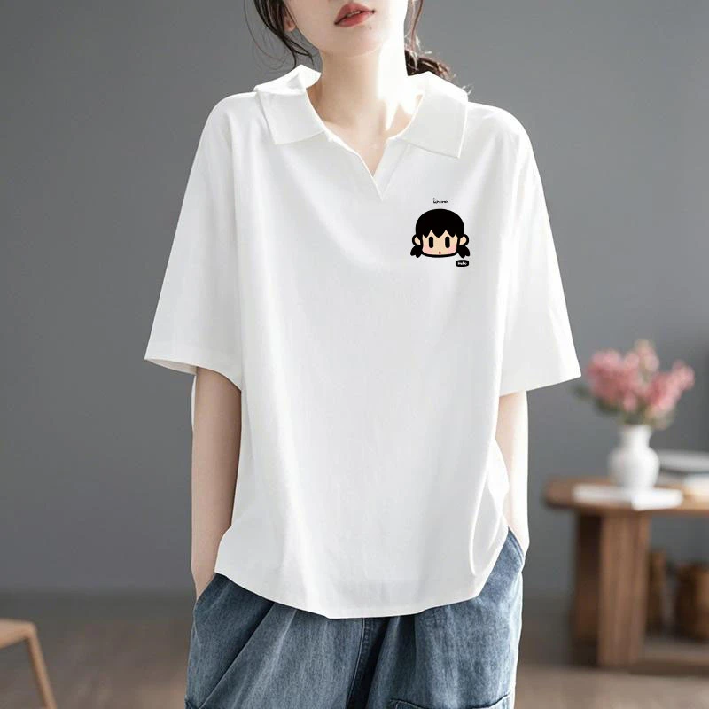 2025夏季大码新款设计感纯棉女士洋气显瘦翻领Polo衫短袖白色上衣