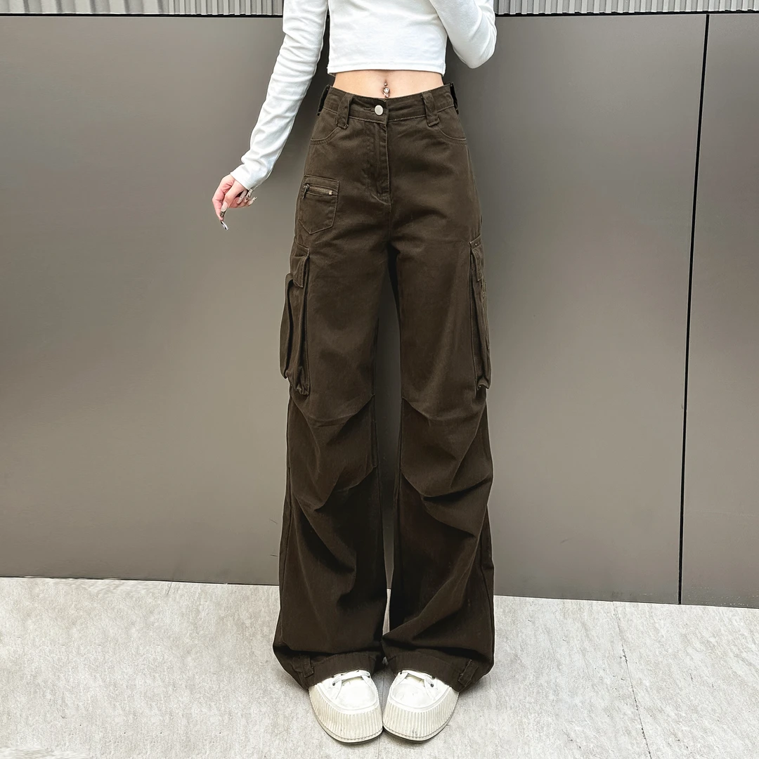 2026春款美式酷飒辣妹褶皱设计感工装裤女直筒拖地阔腿裤Y1013