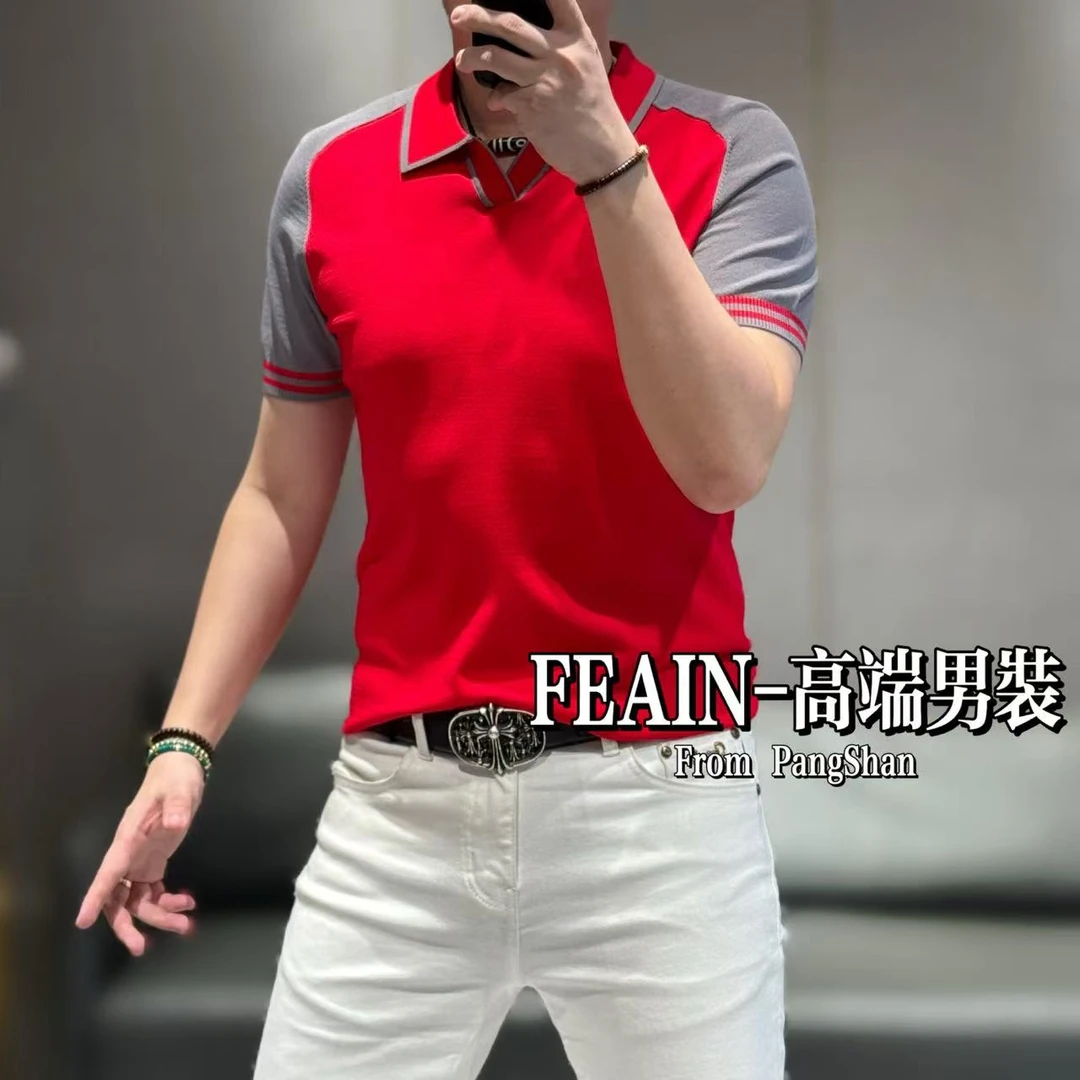高端定制男士弹力伊力特丝海鸥领拼色撞色插肩袖PoloB21