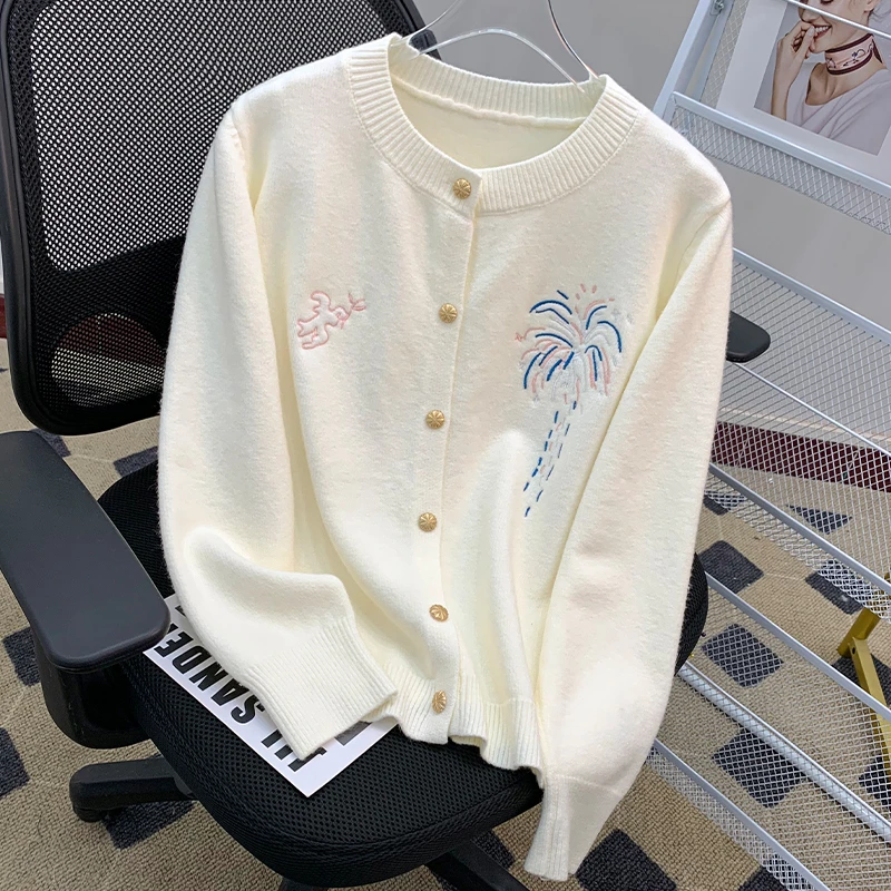 2024秋冬季新款韩版圆领彩色烟花绣花宽松长袖针织开衫毛衣外套女