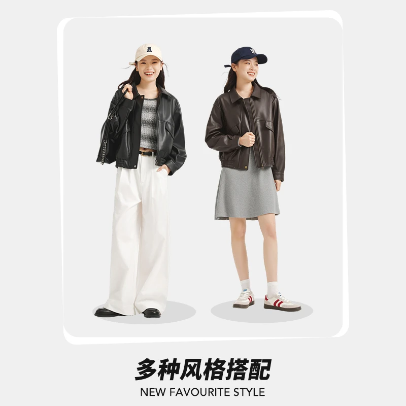 热风女士夹克外套2025年秋季新款复古港风仿PU宽松外套F07W25716