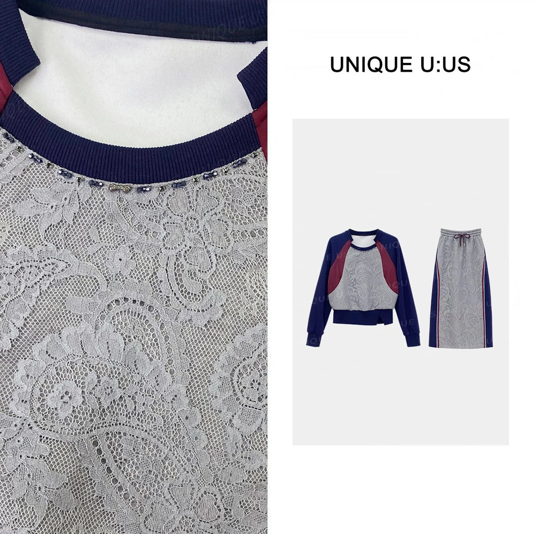 UNIQUE U:US【摩登花影】插肩领口撞色设计气质干练风套装-255838