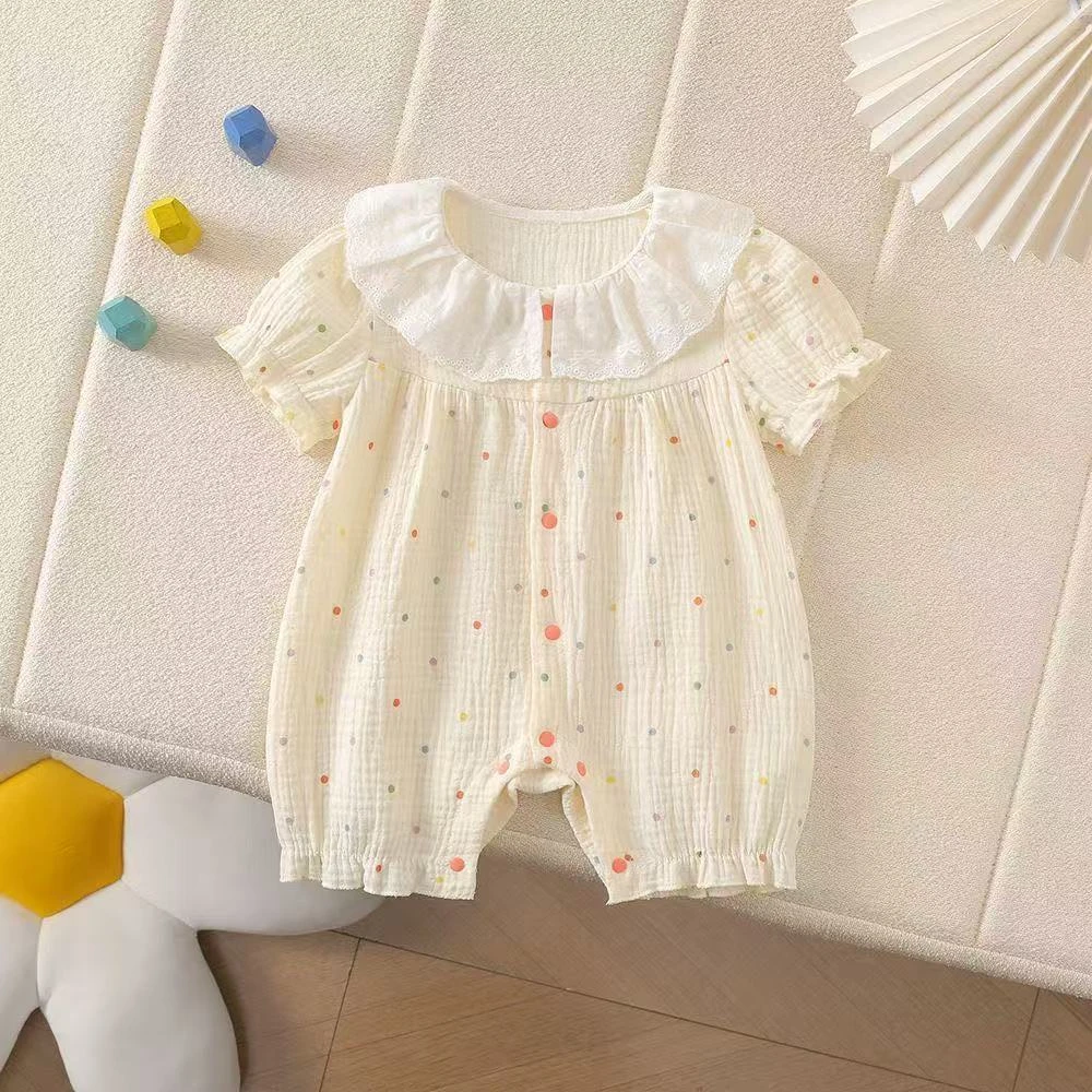 婴幼儿夏季彩色圆点花边领女包半袖连体哈衣