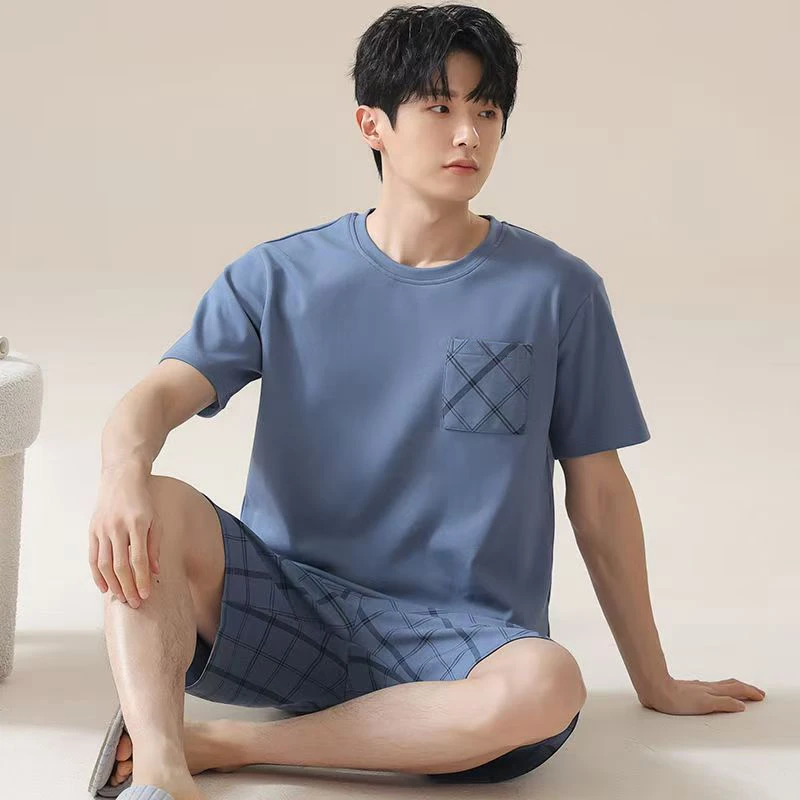 纯棉睡衣男士夏季短袖短裤高级感全棉大码夏款休闲格子家居服套装