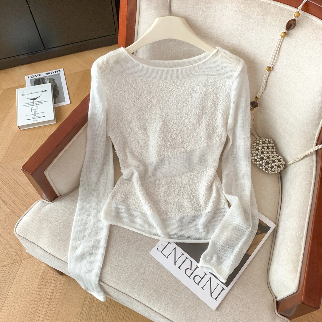 拉夏贝尔韩系小众别致洋气针织衫女秋冬毛茸茸拼接气质长袖上衣