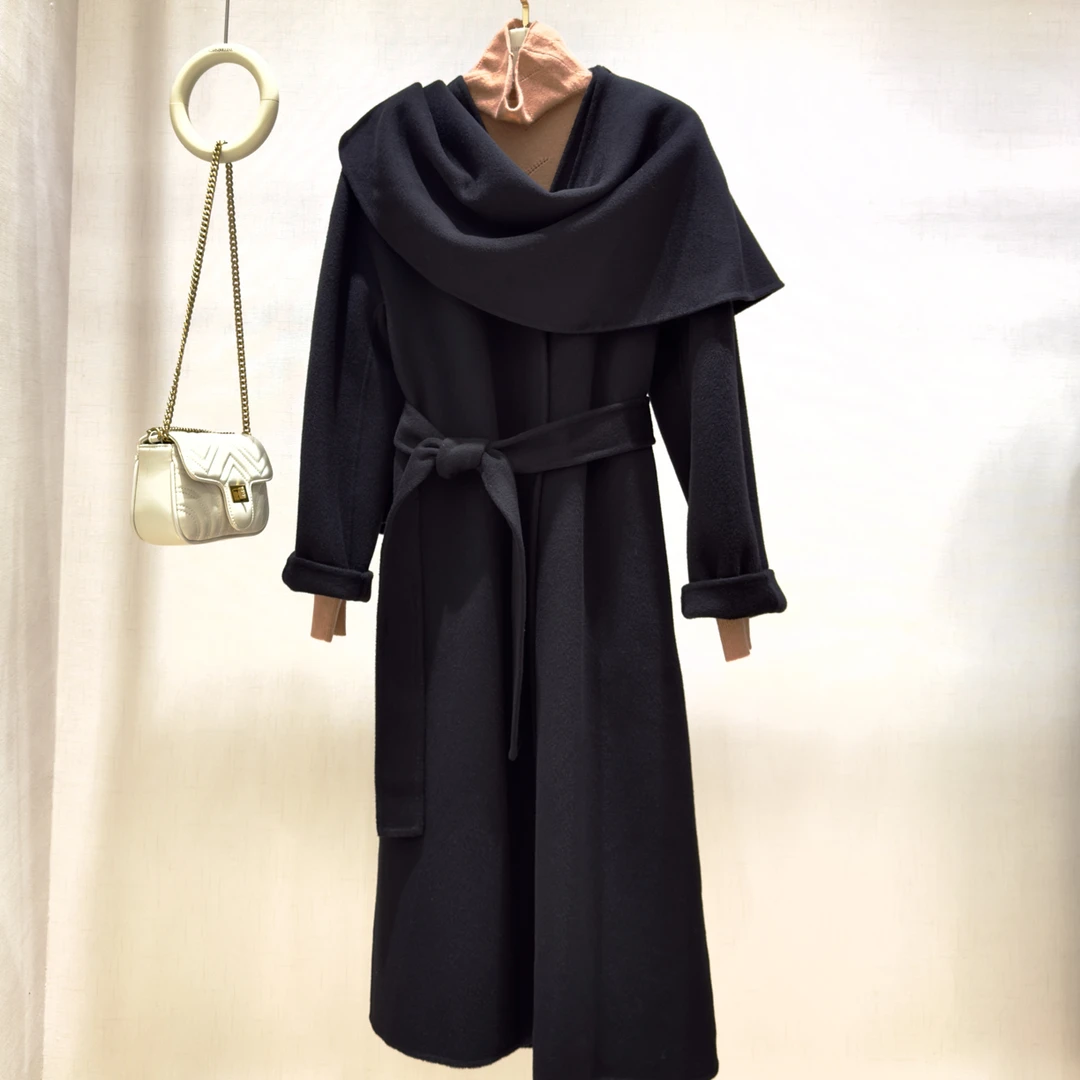 25470767【高斯雪岚】设计感自带围巾款中长款羊绒双面呢大衣