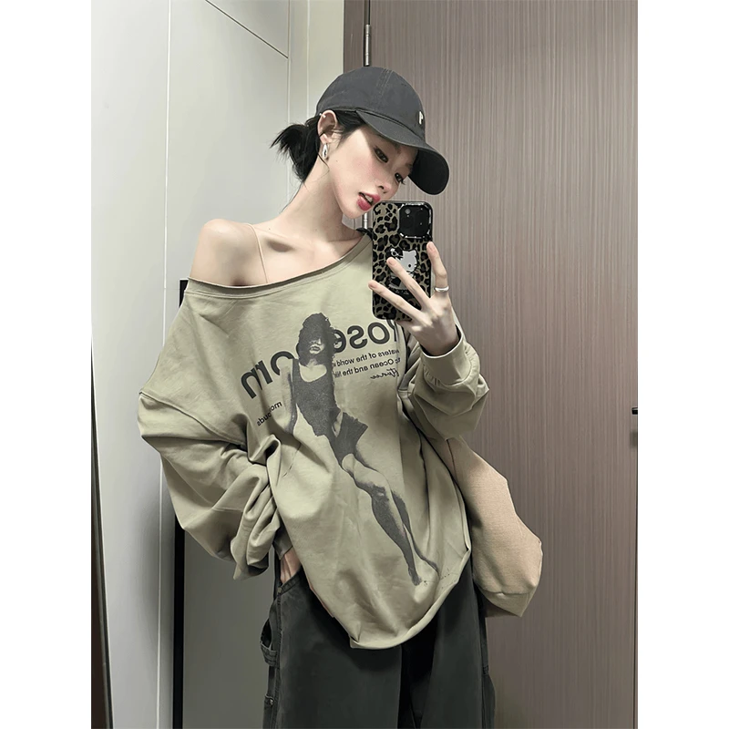 长袖上衣打底衫斜肩卷边痞帅炸街风美式复古人像印花做旧宽松卫衣