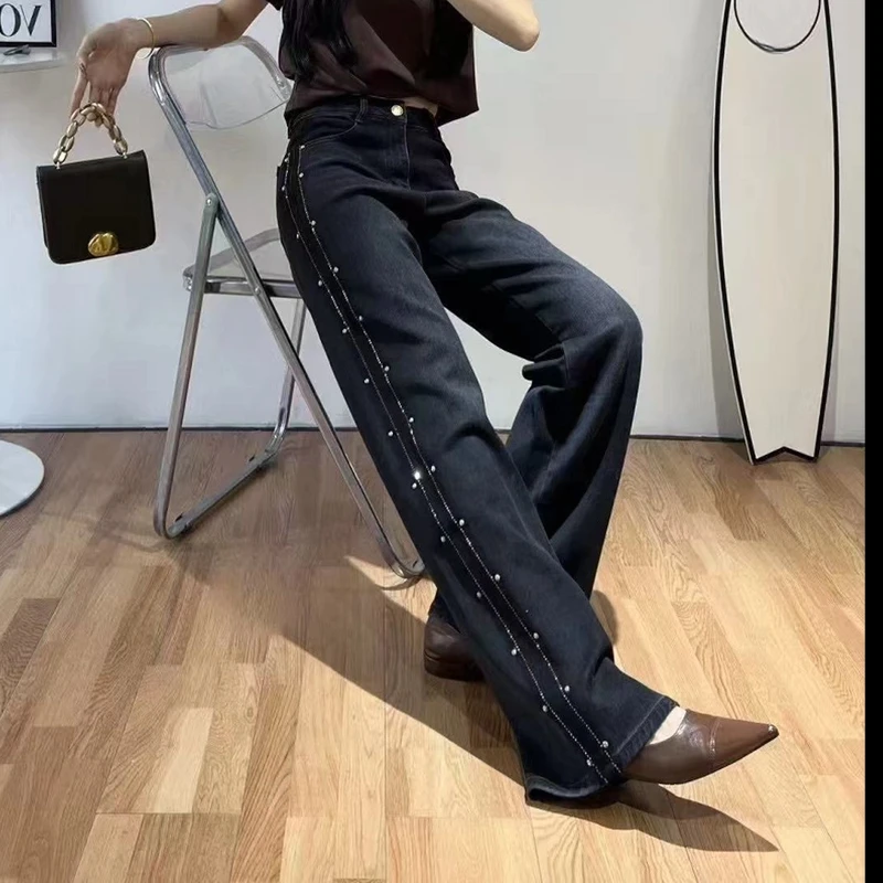 【COCO LESLEY】高腰烫钻牛仔裤女长裤直筒时尚直筒裤中腰显瘦D3066