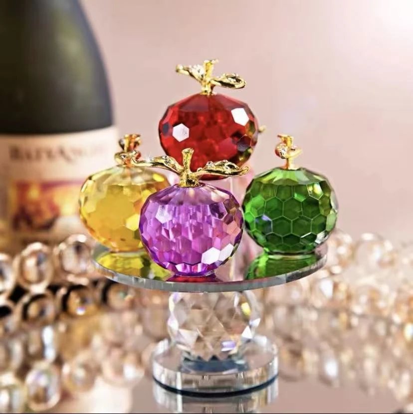 彩色旋转水晶苹果摆件客厅玄关办公桌装饰乔迁新居摆件水晶摆件