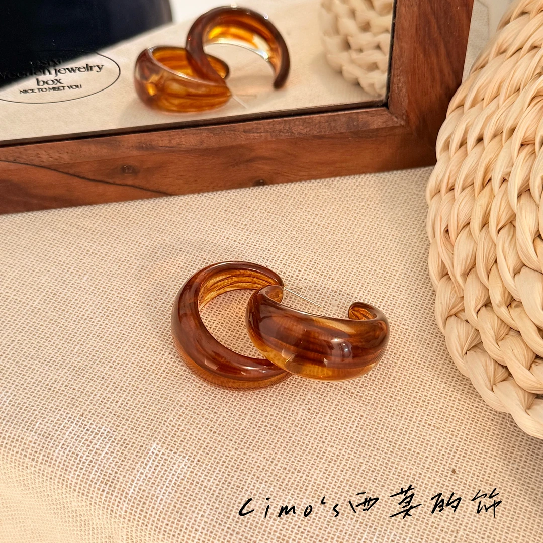 铜合金树脂耳饰 复古港风大耳圈重工高级感轻奢小众设计感耳环