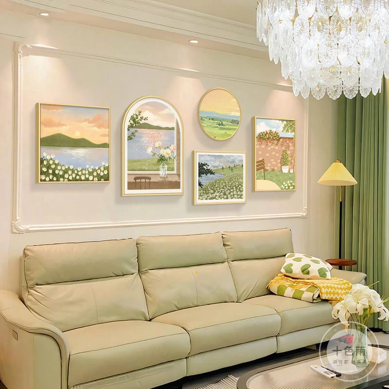 轻法式奶油风客厅装饰画小清新沙发背景墙挂画治愈系风景组合壁画