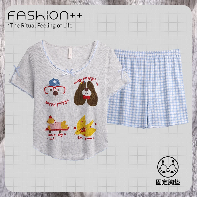 25年超火新款睡衣女夏季莫代尔棉短袖甜美可爱带胸垫可外穿家居服