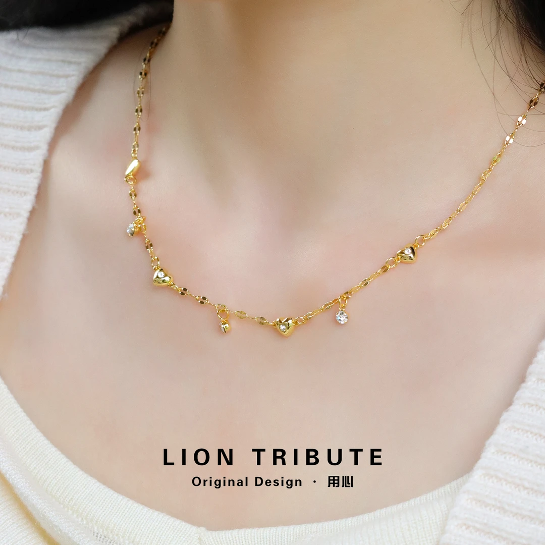 黄铜项链 爱心镶钻项链气质轻奢时尚百搭简约金色不掉色精致小众
