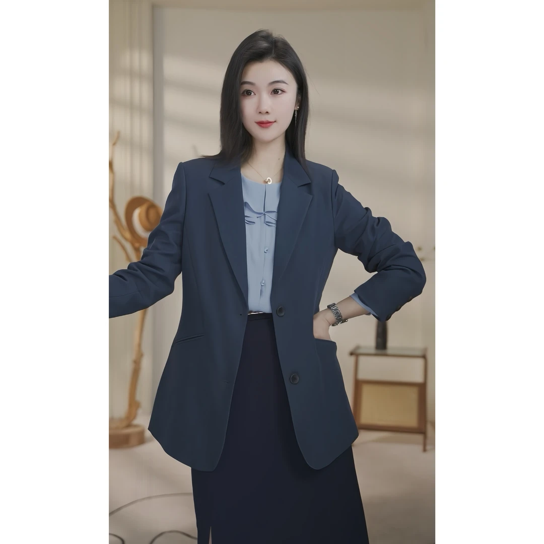【小北甄选】曼贝8451013青暮灰蓝西装女长袖上衣职业通勤外套休闲