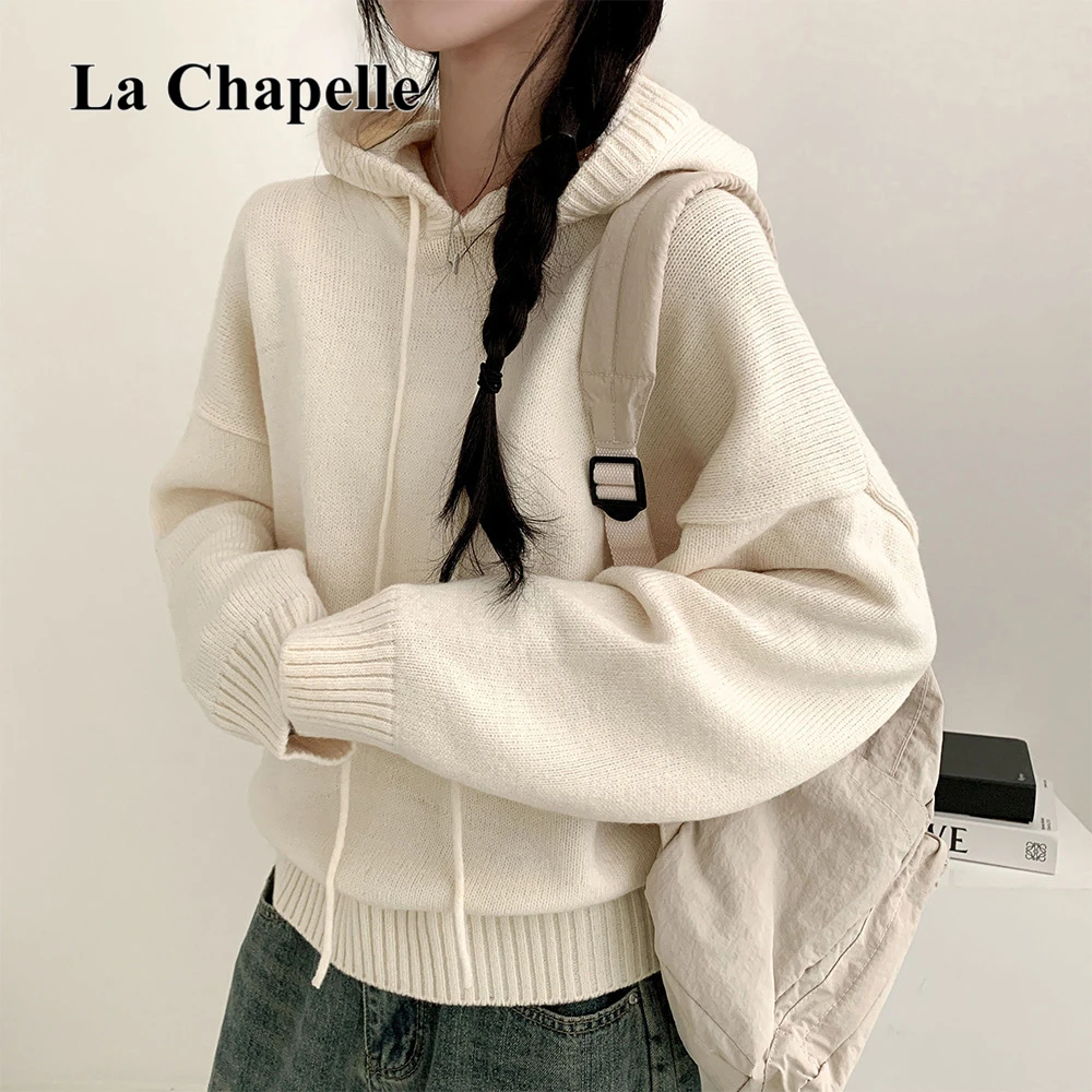 拉夏贝尔韩版毛衣慵懒风厚款灯笼长袖针织衫女秋冬季日系连帽卫衣