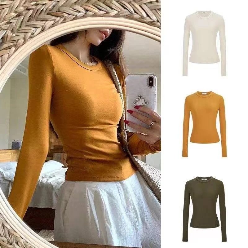 【现货+运费险】网红长袖圆领韩版紧身纯色防晒T恤显瘦打底衫纯色