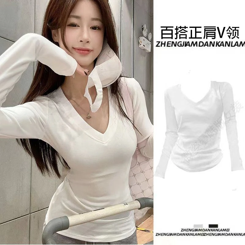 小众正肩V领长袖T恤女春秋内搭短款设计感打底衫辣妹紧身显瘦上衣