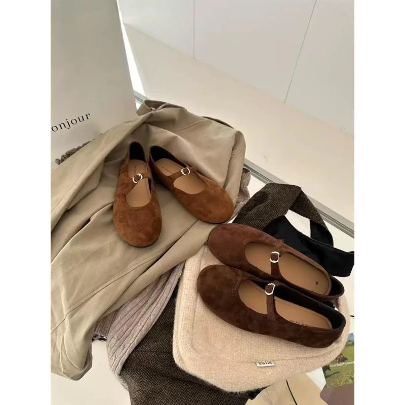 可可栗子～秋冬氛围感小单鞋女复古绒面芭蕾玛丽珍鞋126-5/c1