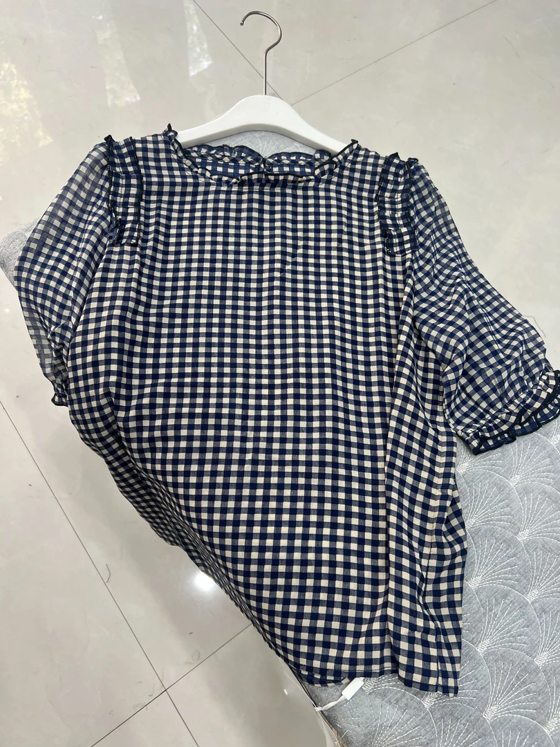 夏季新款宽松气质凉快舒适显瘦百搭格子套头小衫设计感上衣