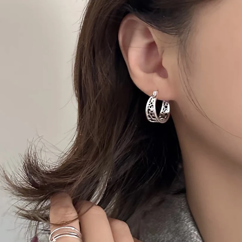 铜合金耳饰 925银针镂空星星耳环轻奢高级圈圈耳钉女耳圈耳扣耳饰