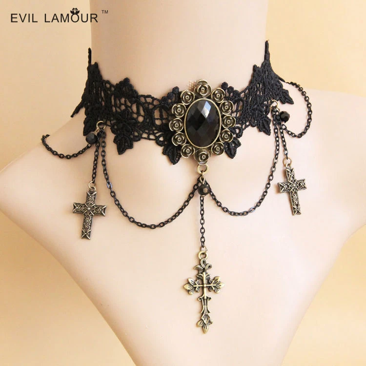 不锈钢贝壳项链 欧美十字架项圈软妹子原宿风蕾丝饰品颈链